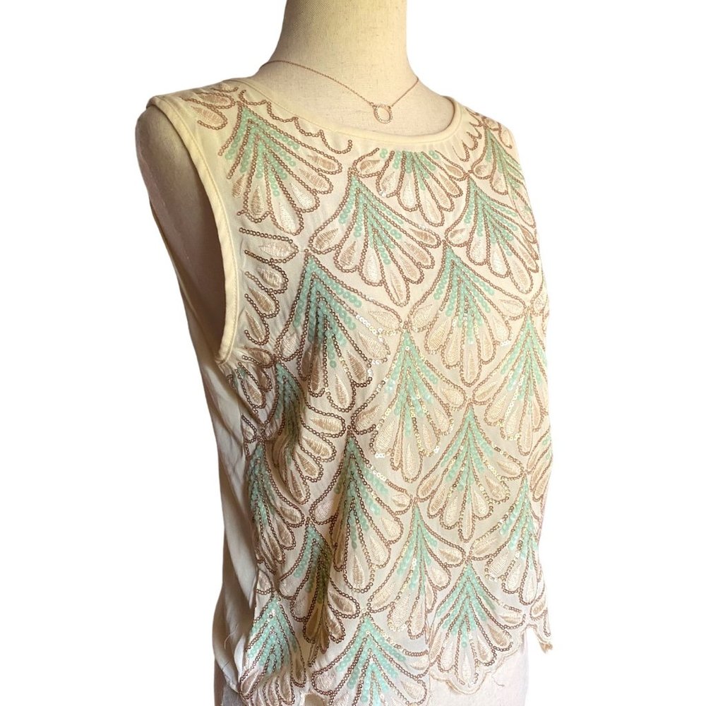 English Rose Top Women Small Sleeveless Beachy Turquoise Sequin Scalloped Hem